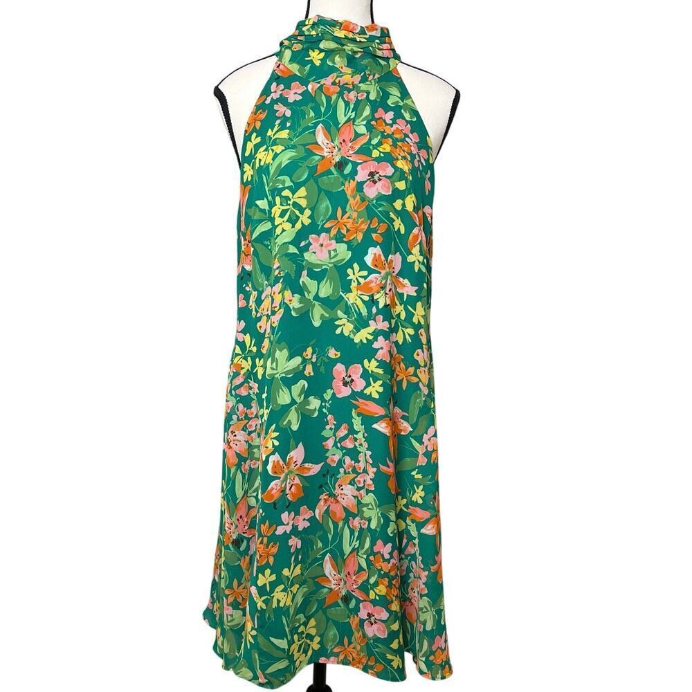 Vince Camuto Halter Tie Neck Emerald Green Floral A-Line Dress Size 10